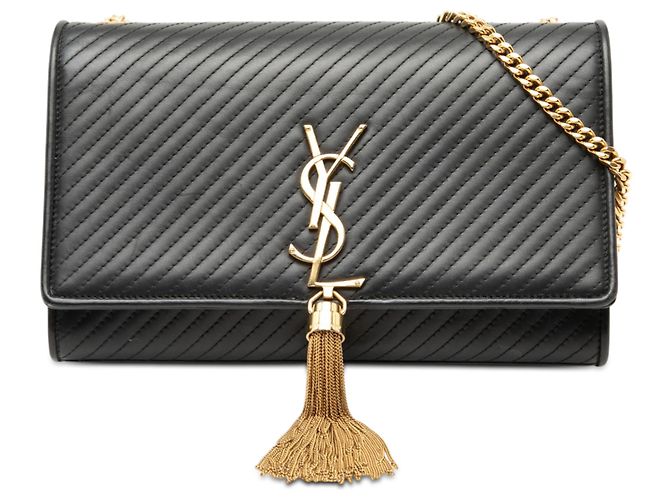 Sac à bandoulière Kate Monogram en cuir de veau matelassé noir moyen avec frange Saint Laurent