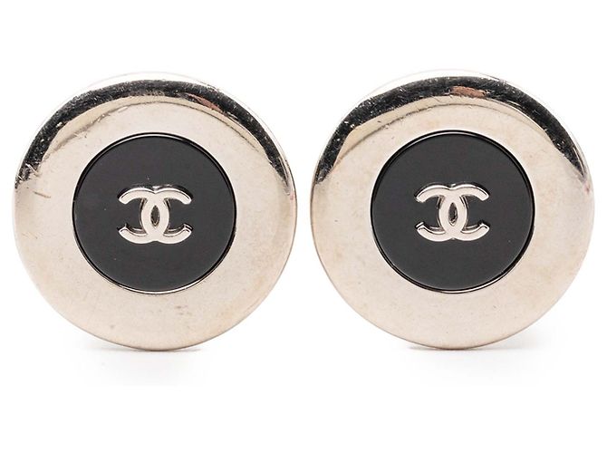 Chanel Silberne, versilberte und emaillierte CC Clip-On Ohrringe