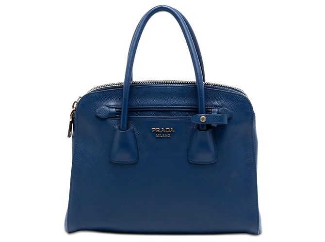 Borsa a mano Prada in pelle Saffiano blu con doppia zip Blu scuro