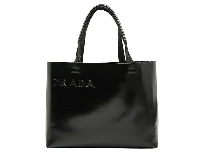 Bolsa tote de couro preto com logo Prada
