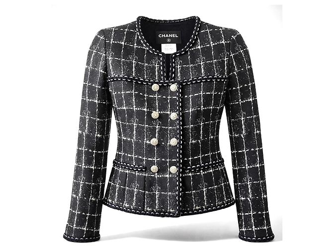 Timeless Chanel 14P Black Grid Tweed Braided Trim Double Breasted Jacket FR 36 Silvery White