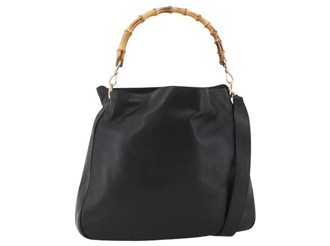 Gucci Bamboo Schultertasche Leder 2way Schwarz Gold 001 2123 1577 Auth am11264 Golden