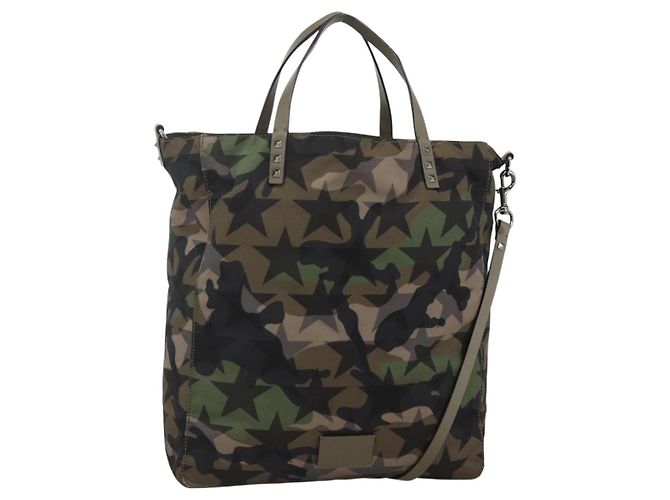 Borsa a Mano VALENTINO Nylon 2way Khaki Argento Auth BA11966A Cachi