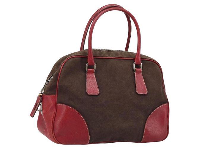 PRADA Hand Bag Canvas Brown Silver Auth YKZ137 Silvery