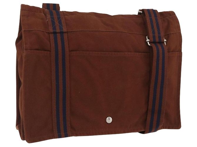 Hermès HERMES Sac Fourre Tout Épaule Coton Marron Argent Auth bs34324 Argenté