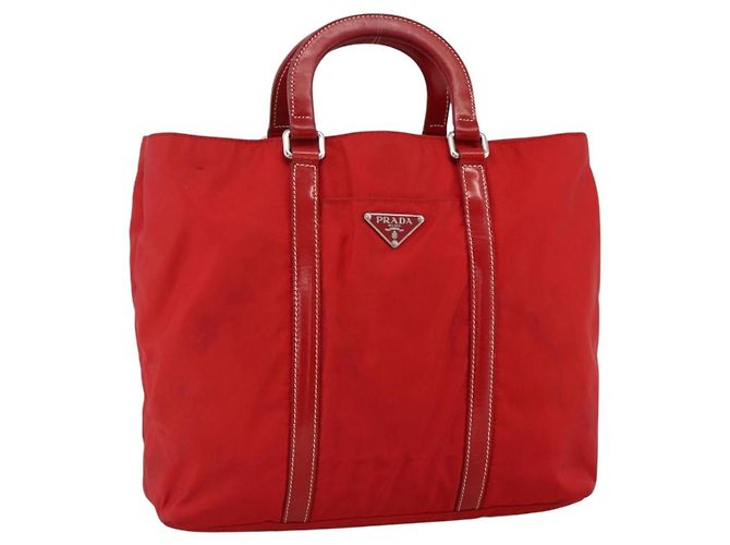 PRADA Hand Bag Nylon Red Silver Auth 174368 Silvery