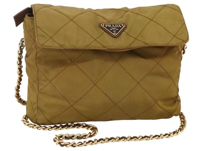 PRADA Bolsa de Ombro com Corrente Nylon Bege Ouro Auth YKZ873 Dourado