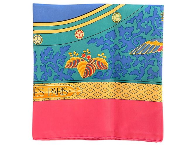 Hermès Blue and Pink Silk Scarf with Floral Patterns