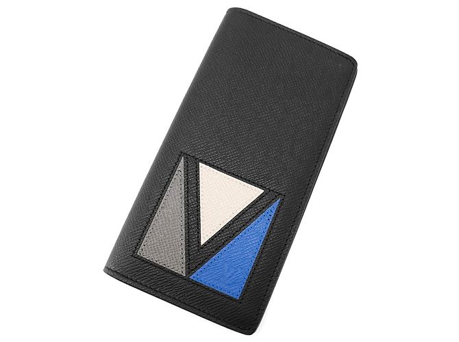Brazza Louis Vuitton Taiga V-Shape Long Wallet Black Blue
