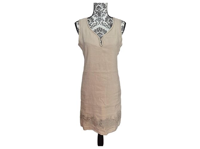 Gerard Darel Beige Leinen-Sommerkleid mit Spitzendetails