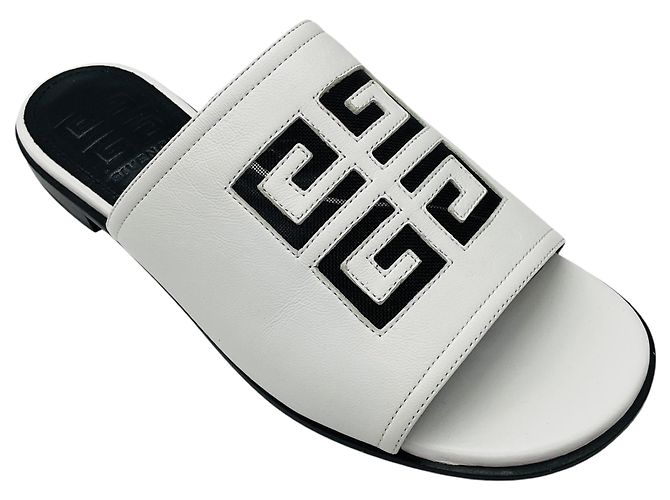 Givenchy White 4G Logo Cut Out Leather Flat Mule Slide Sandals