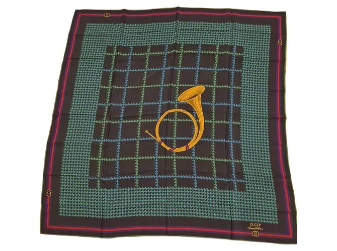 Lenço de seda Gucci com estampa de espinha de peixe e design de chifre francês Preto Vermelho Azul Dourado Verde Roxo