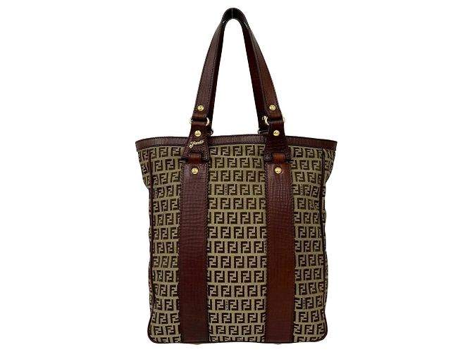 Fendi Zucchino FF Pattern Canvas Leather Tote Bag Brown