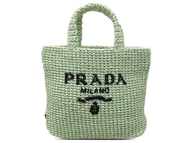 Prada Grüner kleiner Tote aus gehäkeltem Raphia-Effekt mit besticktem Logo Hellgrün
