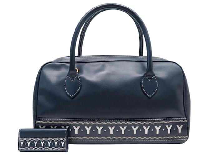 VINTAGE SAC A MAIN YVES SAINT LAURENT BOWLING LOGO Y CUIR ETUI A CLES BAG Bleu Marine 