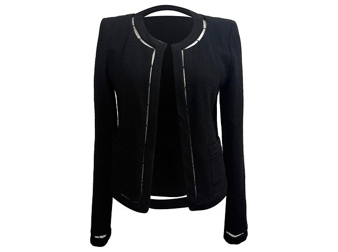 Timeless  Chanel Tweed Cutout Accent Open Blazer in Black Wool