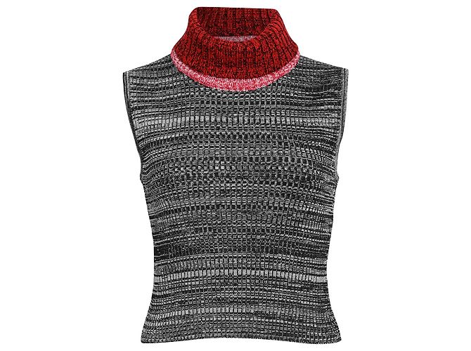 Ärmelloses Strick-Turtleneck-Top aus grauer Seide mit Louis Vuitton-Muster