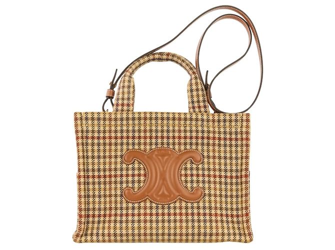 Céline Bolsa de Ombro Celine Triomphe Logo Small Cabas Thais em Tweed Marrom Bege