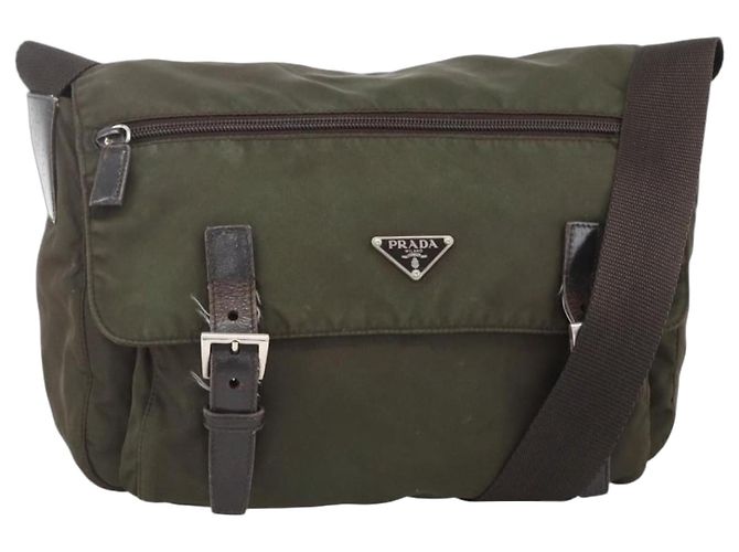 Bolsa de Ombro PRADA Nylon Caqui Prata Autêntica 174309