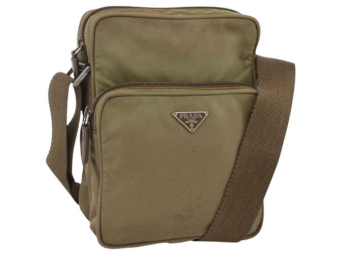 PRADA Schultertasche Nylon Khaki Silber Authentisch ARZ817