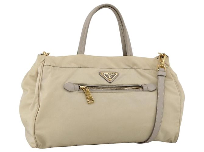 PRADA Bolsa de Mão Nylon 2way Bege Ouro Auth INZ076A Dourado