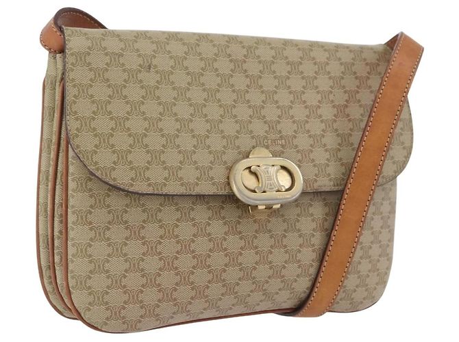 Céline Bolsa de Ombro em Lona Macadam CELINE PVC Bege Ouro Auth BSZ103