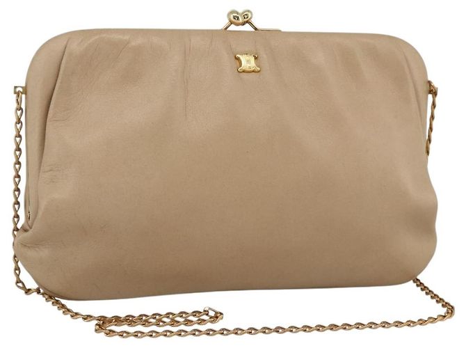 Céline Bolsa de ombro de corrente em couro bege dourado Auth YKZ364