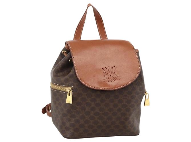 Céline CELINE Macadam Canvas Backpack PVC Leather Brown Gold Auth BAZ067A Golden