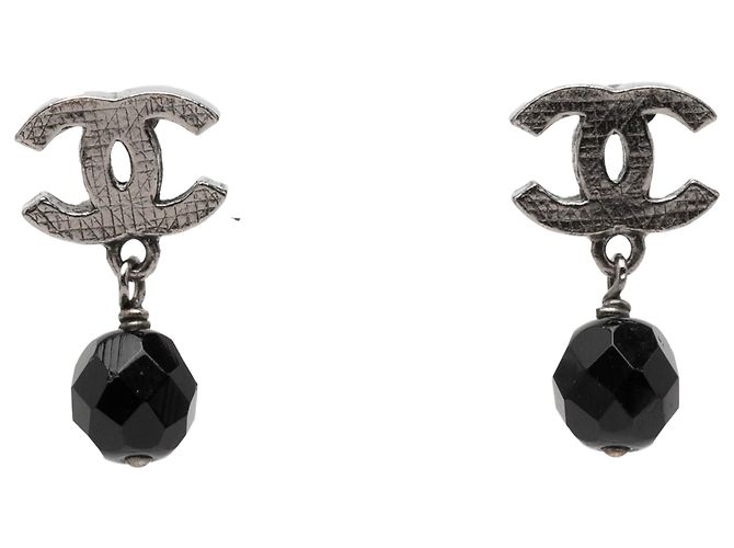 Chanel Silber CC Messing Perlen Swing Push Back Ohrringe