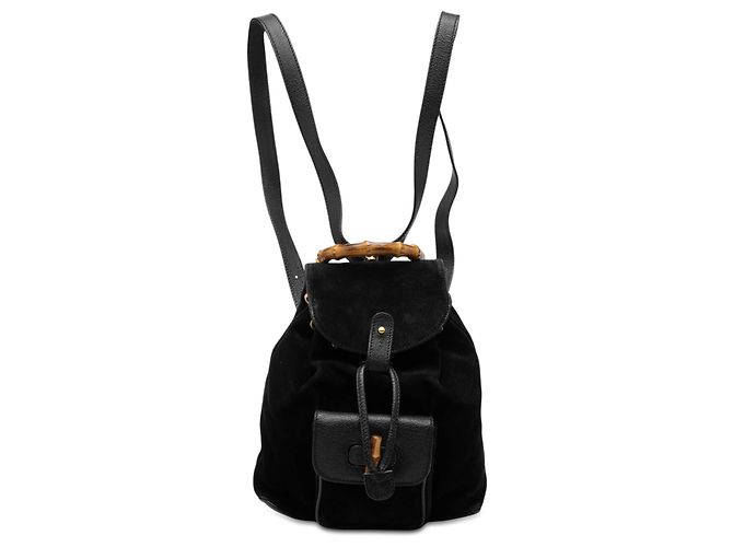 Bamboo Mochila Gucci em camurça preta com cordão e bambu Preto