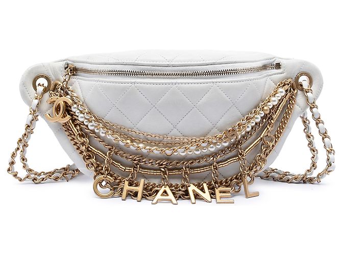 Chanel Weiße gesteppte Lammleder All About Chains Bauchtasche