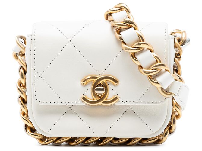 Chanel Mini Blanco de Cuero Acolchado con Cadena de Marco Crudo