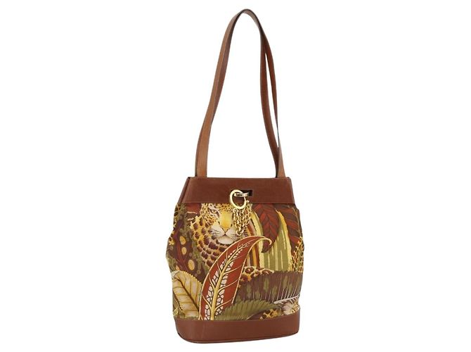 Borsa Tote Salvatore Ferragamo in nylon marrone e oro Auth ka3760A D'oro