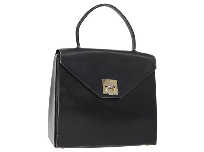 Céline Bolsa de mão CELINE em couro preto e dourado Auth BAZ496