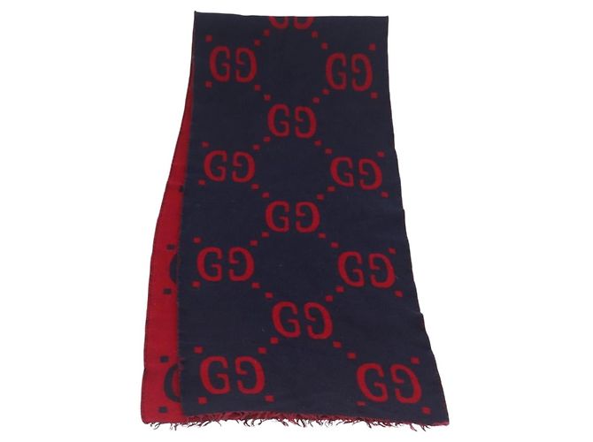 Sciarpa in lana GG Jacquard GUCCI Blu Navy Rosso Auth 174669A