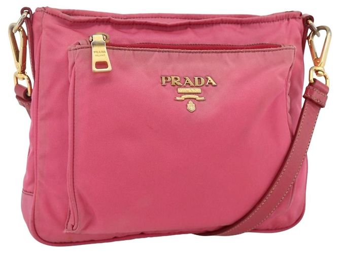 Bolsa de Ombro PRADA Nylon Rosa Dourado Auth YKZ524