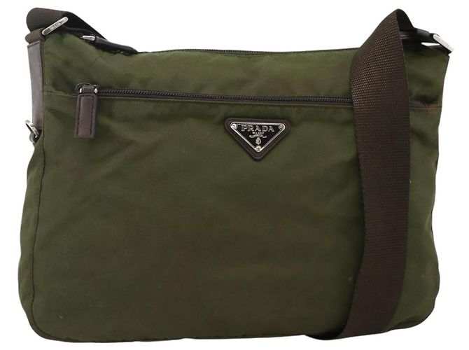 PRADA Shoulder Bag Nylon Khaki Silver Auth INZ035 Silvery