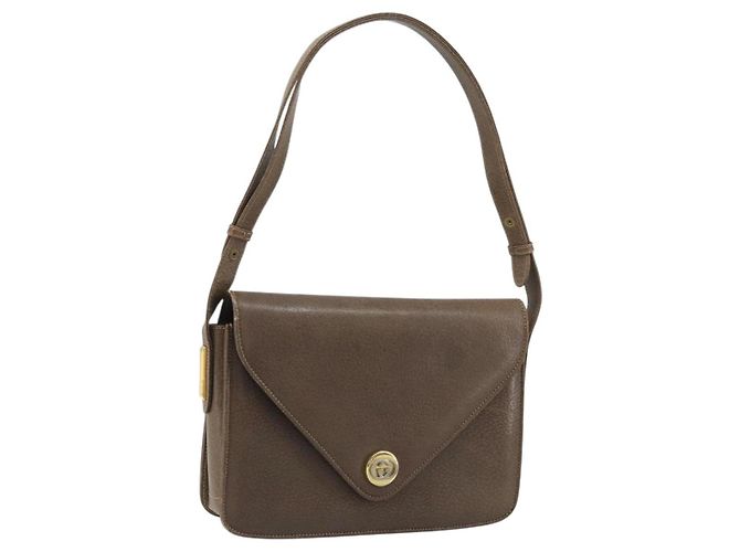 Gucci Bolsa de Ombro de Couro Cinza Dourado Auth YKZ007 Marrom