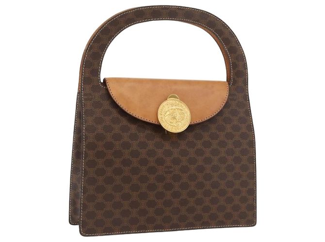 Céline Bolsa de mão em lona Macadam Medallion CELINE em couro PVC marrom dourado Auth INZ093A