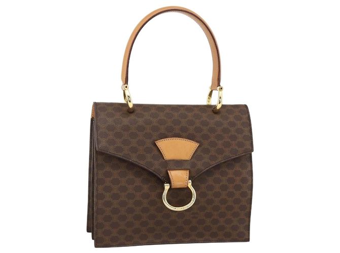 Céline CELINE Macadam Canvas Hand Bag PVC Leather Brown Gold Auth hk3589 Golden