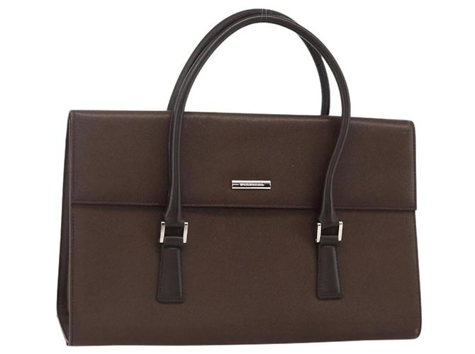 Burberry Bolsa de mão de couro marrom prata Auth 174424