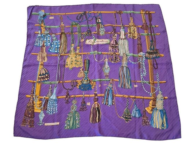 Hermès Lenço de seda com franjas Multicor Roxo