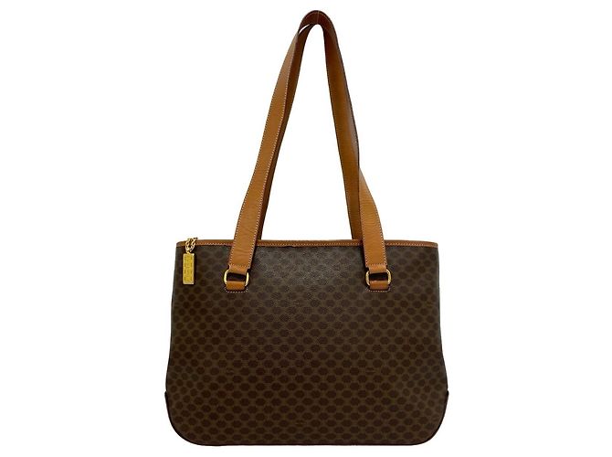 Céline Celine Vintage Macadam Blazon Logo Pattern Leather Tote Bag Brown