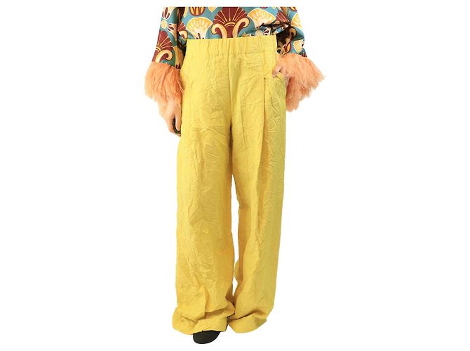 Dries Van Noten Gelbe zerknitterte Hose - Größe M