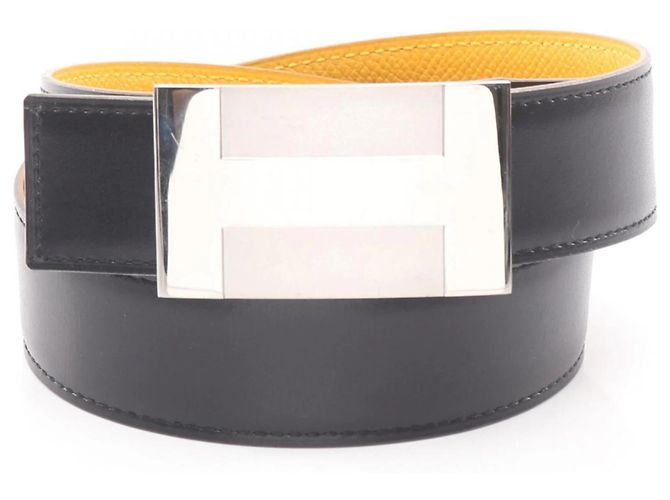 Cinto de couro reversível H-Plate da Hermès Preto Prata Amarelo
