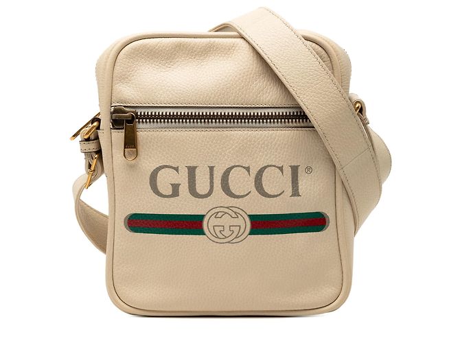 Bandolera de piel de ternera granulada marrón con logo de Gucci Castaño Beige