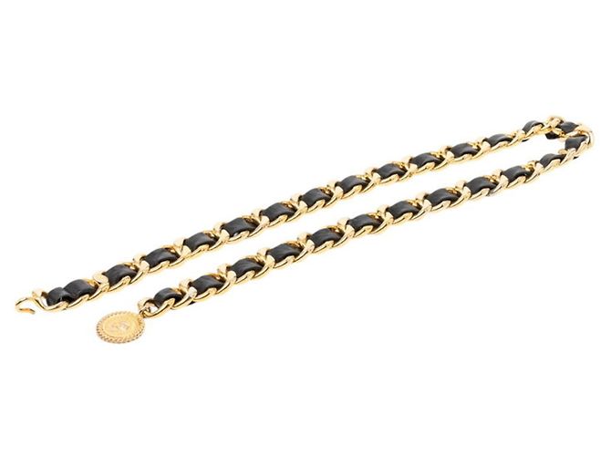 Cambon Cinto de corrente com moeda Coco Mark da Chanel Preto Dourado
