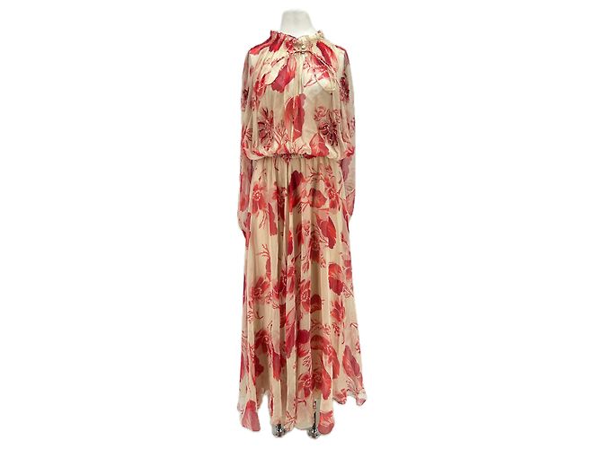 Fendi Vestido de seda vermelho com flores e forro