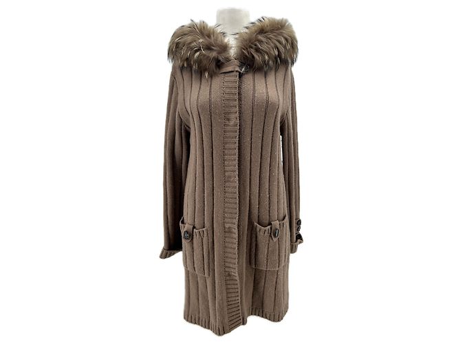 Max & Moi Casaco de cashmere com capuz de pele marrom