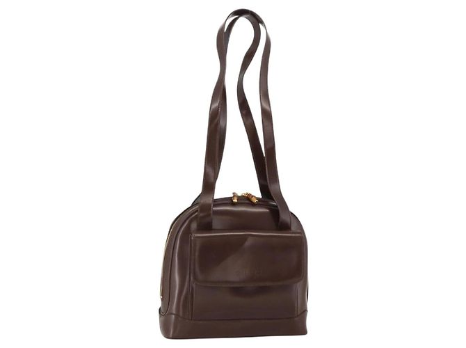 Bolsa Tote Bamboo GUCCI Couro envernizado Marrom Ouro Auth bs34270 Dourado